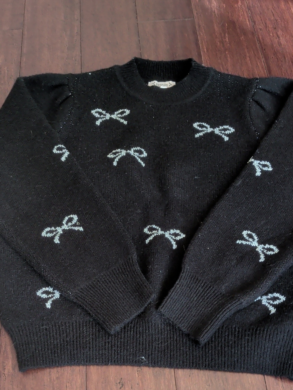 Nanette Lepore Black Crewneck Sweater with Light Blue Bow Motif